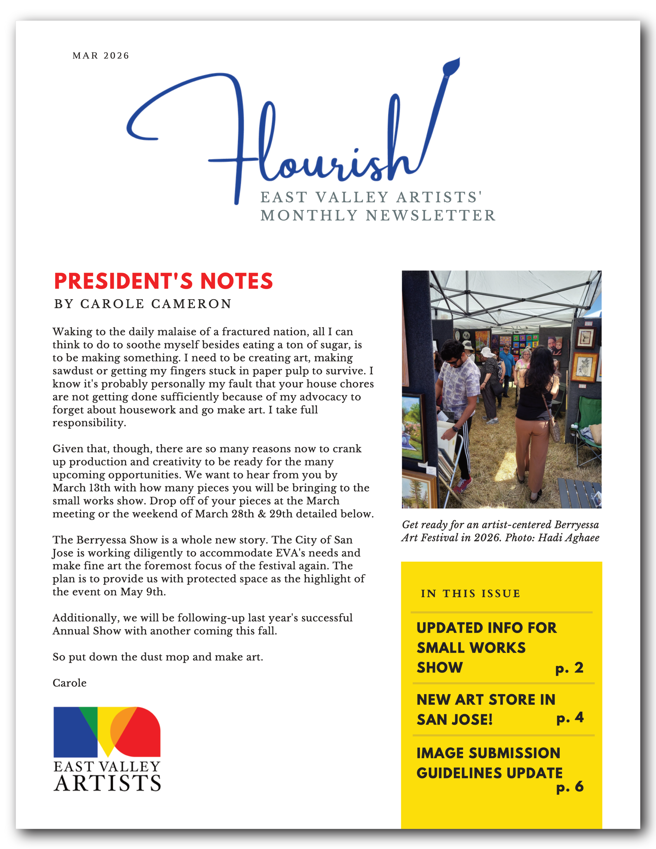 an image of the first page of Flourish, East Valley Artists' monthly newsletter