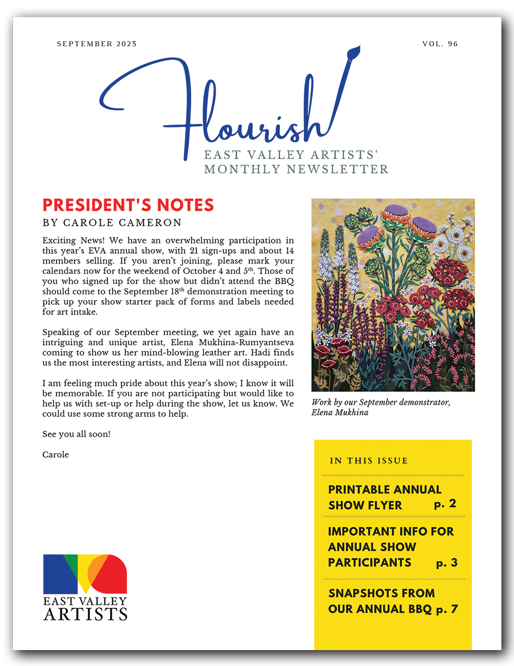 An image of the first page of the September 2025 issue of East Valley Artists' monthly newsletter, Flourish