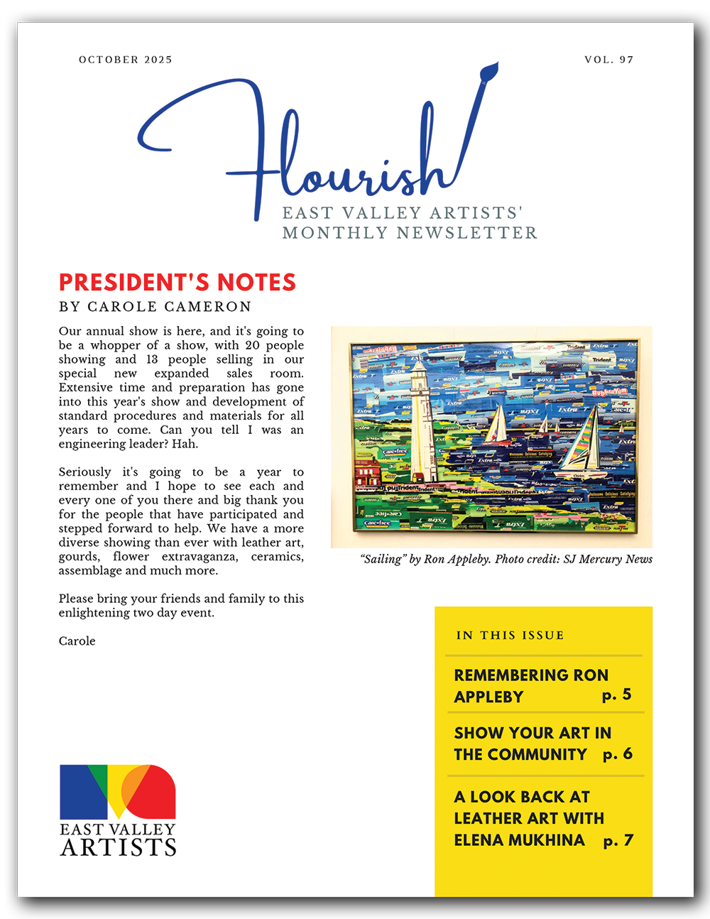 an image of the first page of the October issue of East Valley Artists' monthly newsletter, Flourish