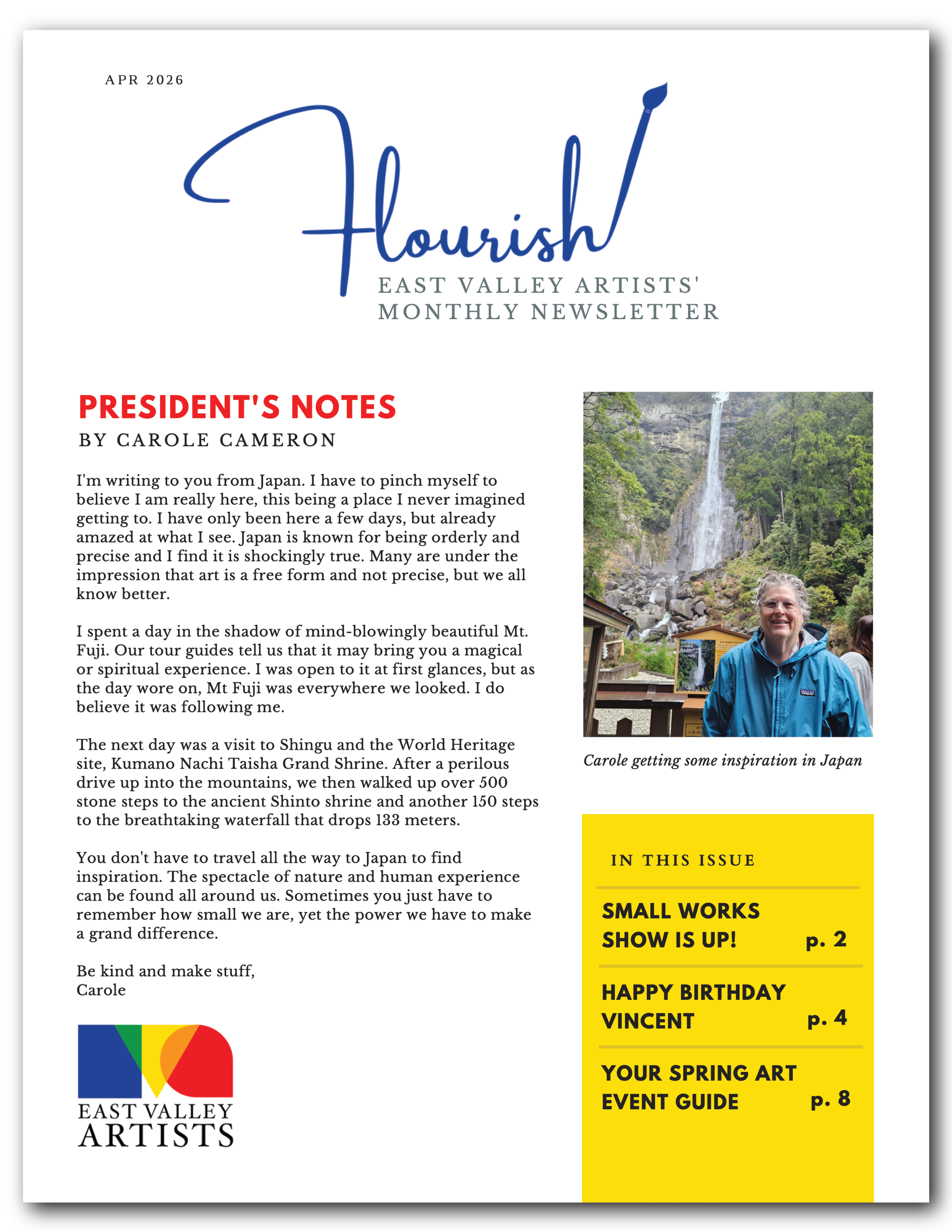 an image of the first page of Flourish, East Valley Artists' monthly newsletter