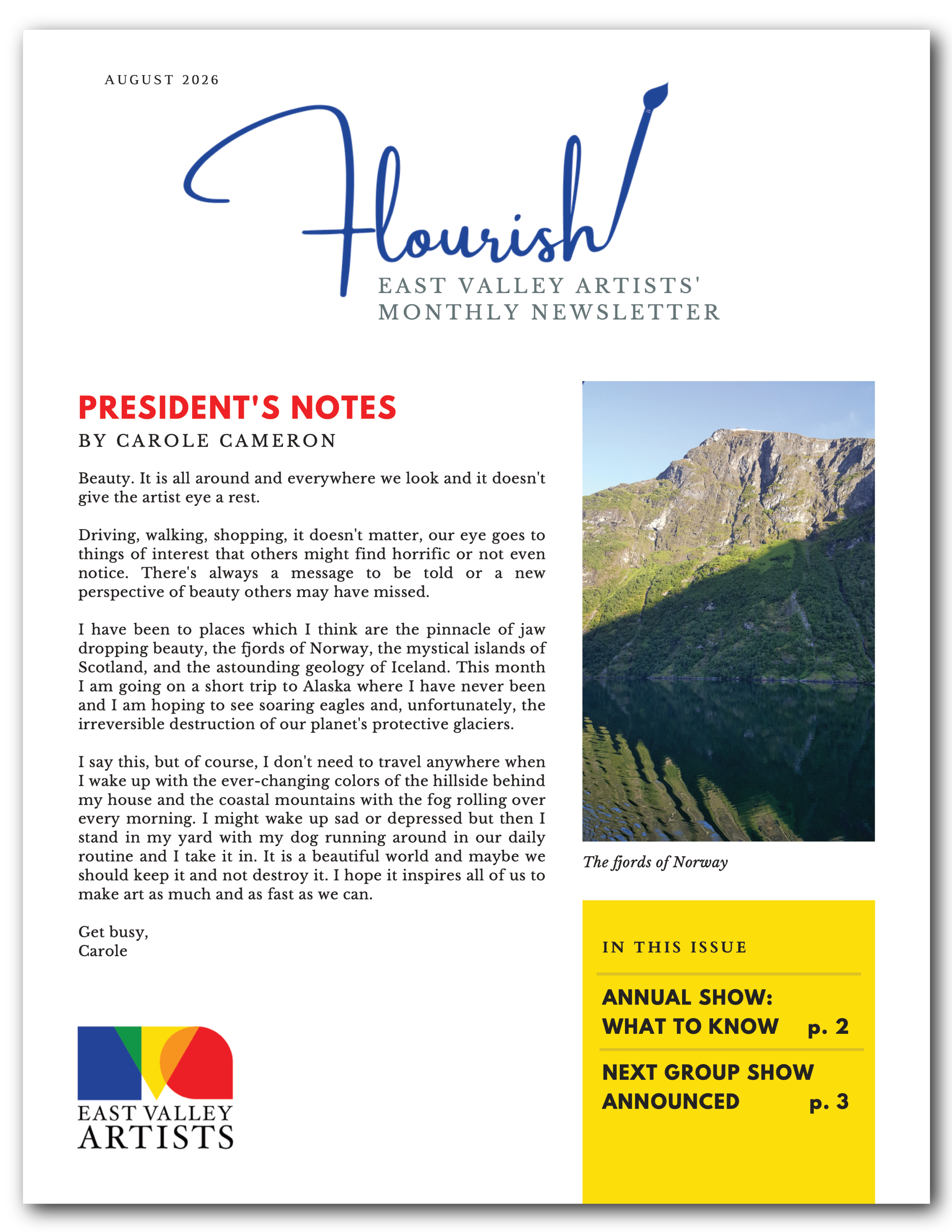 an image of the first page of the August 2026 issue of Flourish, East Valley Artists' monthly newsletter