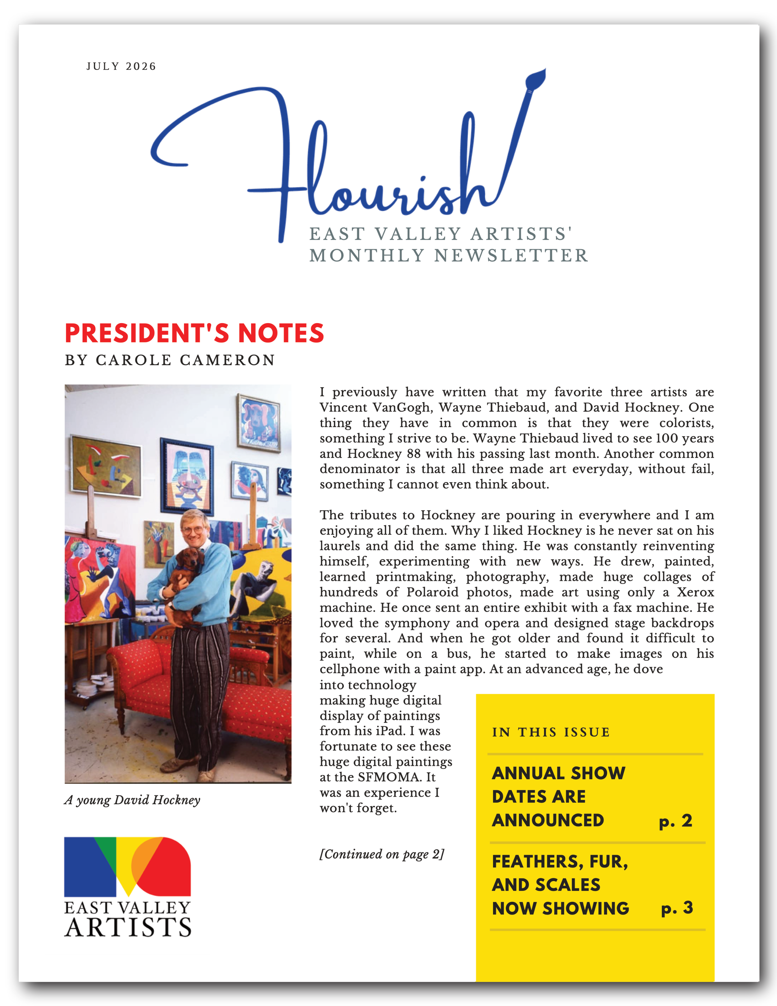 an image of the first page of the July 2026 issue of Flourish, East Valley Artists' monthly newsletter