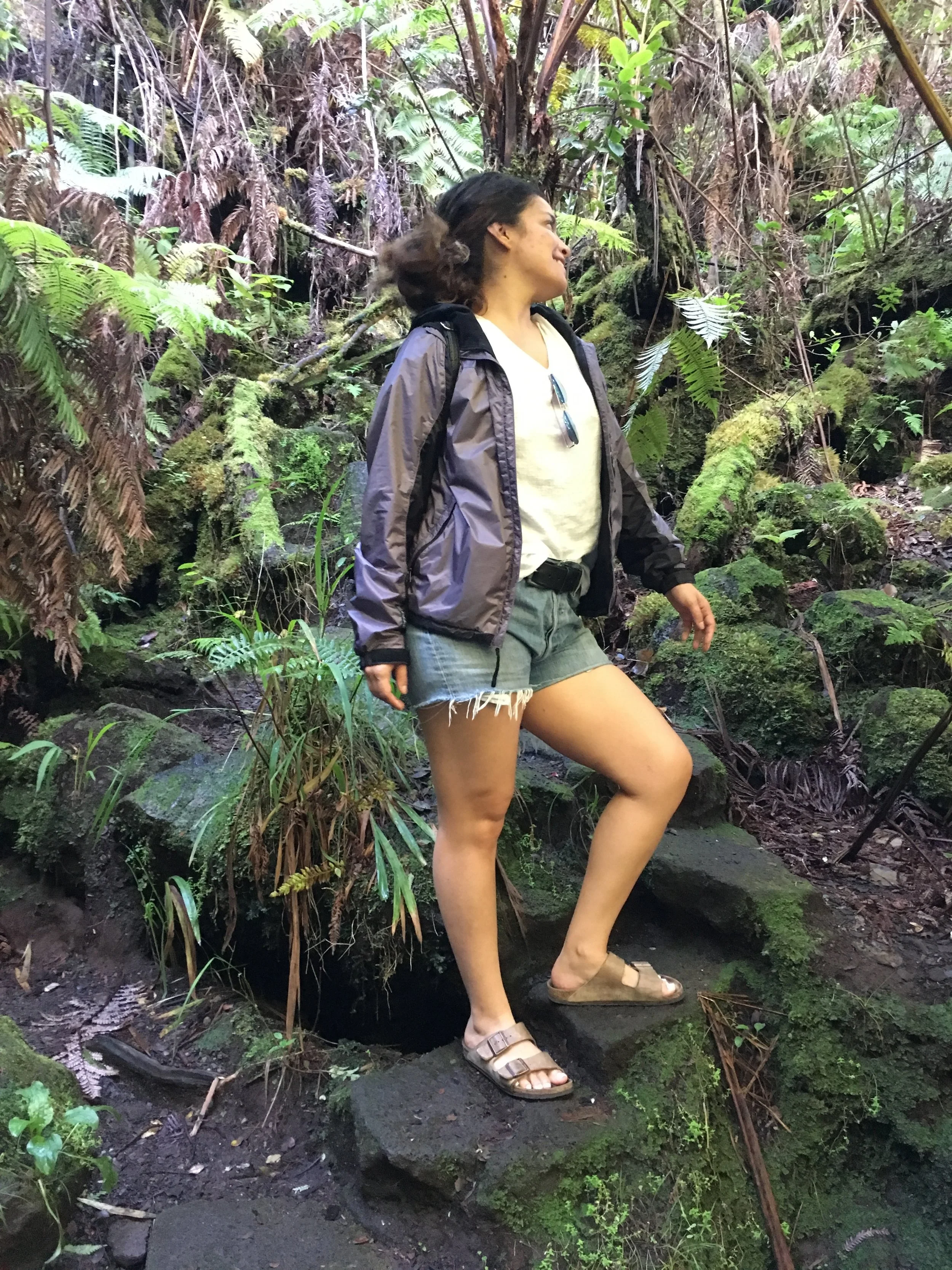 Thrifted leather backpack (not seen) $5, linen "Mexico" shirt $3, Levi's cutoffs $5, borrowed Mountain Hardware rain jacket.