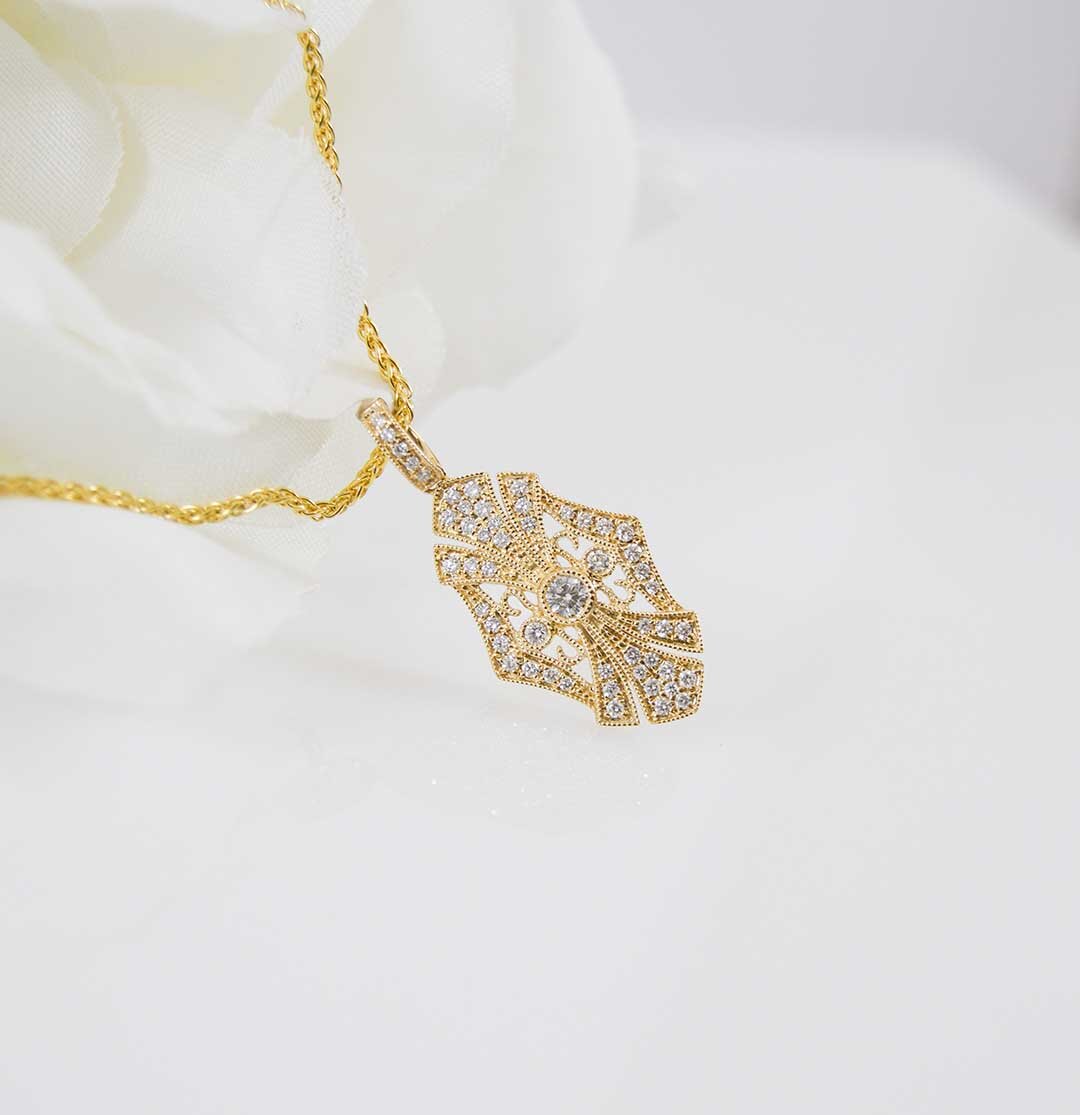 vintage inspired gold necklace pendant $1679(30% rn) 14K Y .27TDW 160-00526                         18in wheat chain separate $390TDD 14K Y 430-00202.jpg