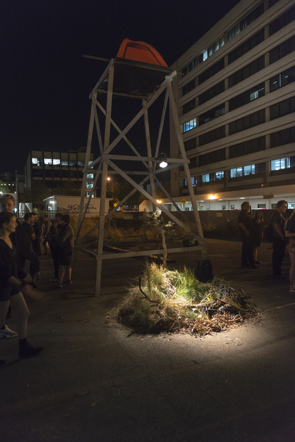   Totem (When they come, we will be ready) , tower, tent and reclaimed swamp, Neil Aldum, Erin Coates and Simone Johnston. Photography: Eva Fernandez 