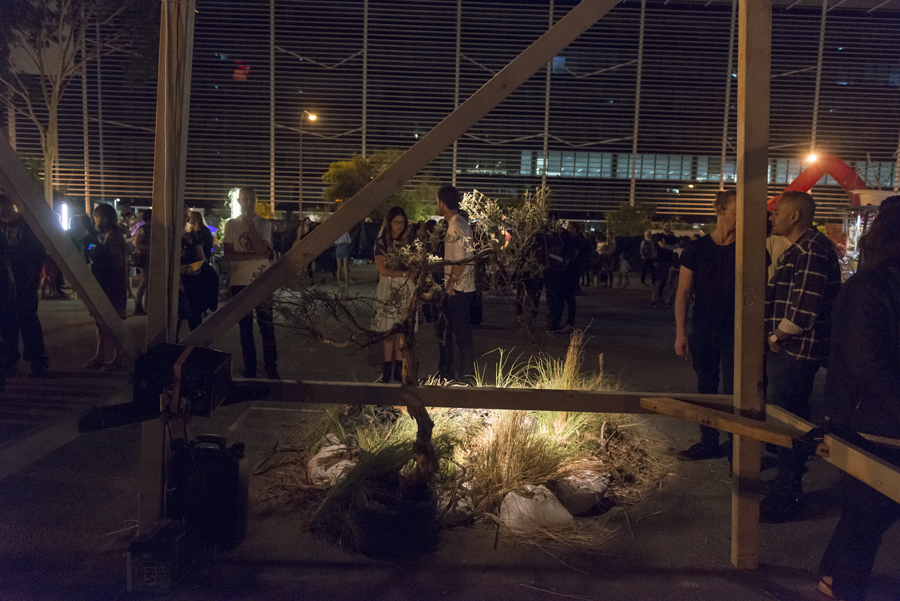   Totem (When they come, we will be ready) , tower, tent and reclaimed swamp, Neil Aldum, Erin Coates and Simone Johnston. Photography: Eva Fernandez 