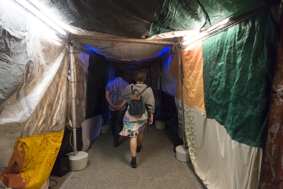   Slushbox , tunnel made from salvaged fabrics, Neil Aldum, Erin Coates and Simone Johnston. Photography: Eva Fernandez 