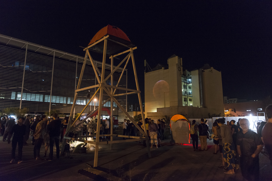   Totem (When they come, we will be ready) , tower, tent and reclaimed swamp, Neil Aldum, Erin Coates and Simone Johnston. Photography: Eva Fernandez 