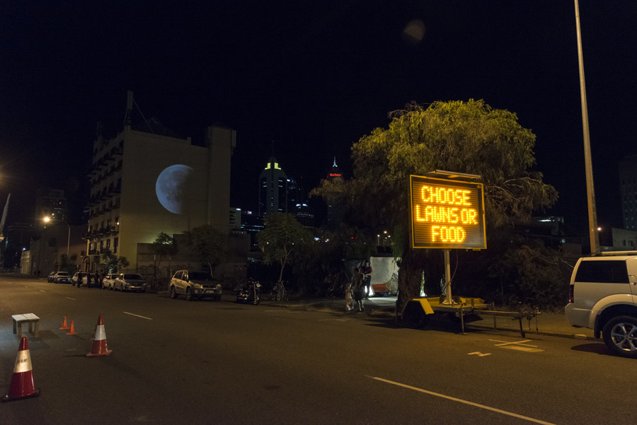   Sundowner,  video projection, Simone Johnston,  WAKE UP , LED message board, Erin Coates and Shevaun Cooley. Photography: Eva Fernandez 