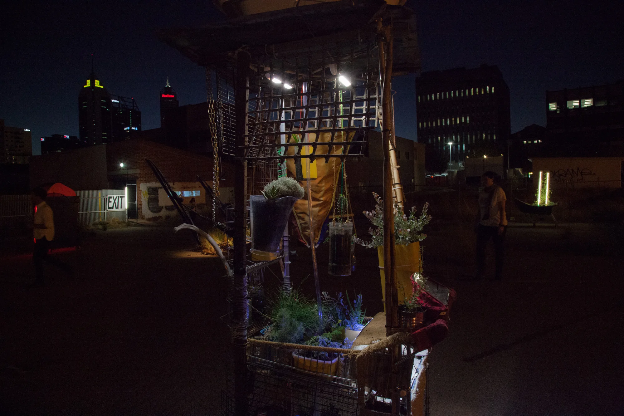 New World Harvester, repurposed trolley, salvaged corrugated iron and wind sock, animal bones, plants and vessels, Erin Coates Photography: Yvonne Doherty