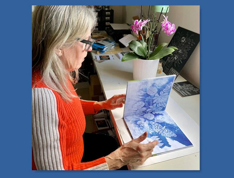 Fiona Roderick with the Barry the Satin Bowerbird book
