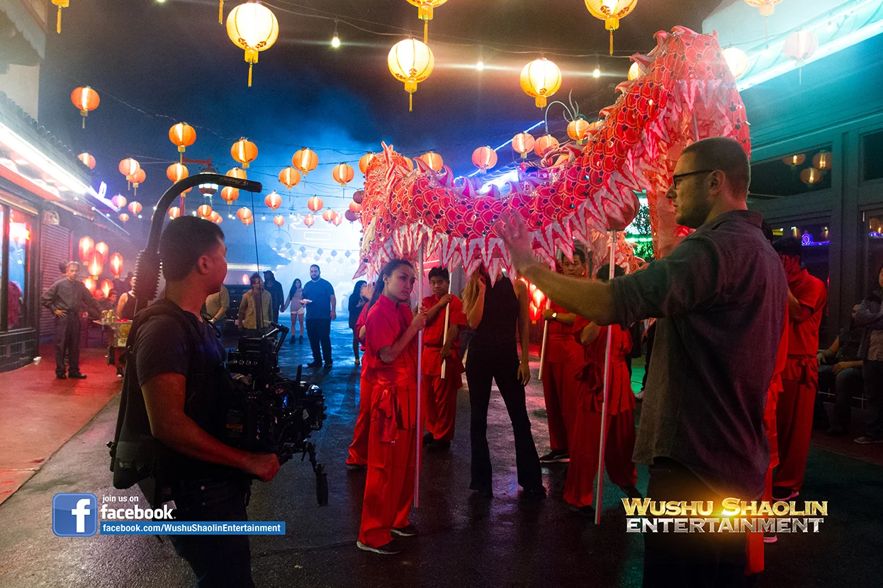 Director Mark Staubach on set of the Karma Music Video with the Wushu Shaolin Entertainment Dragon Dance Team.
