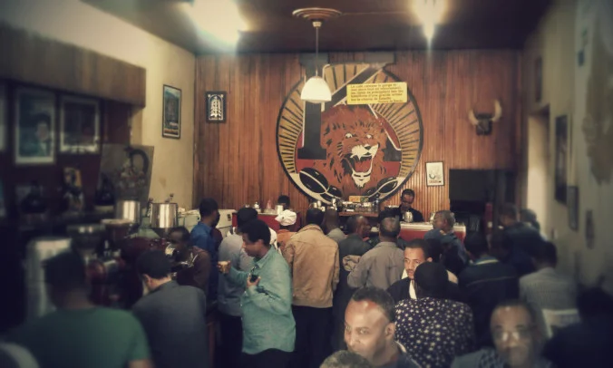 The bustling interior of Tomoca...
