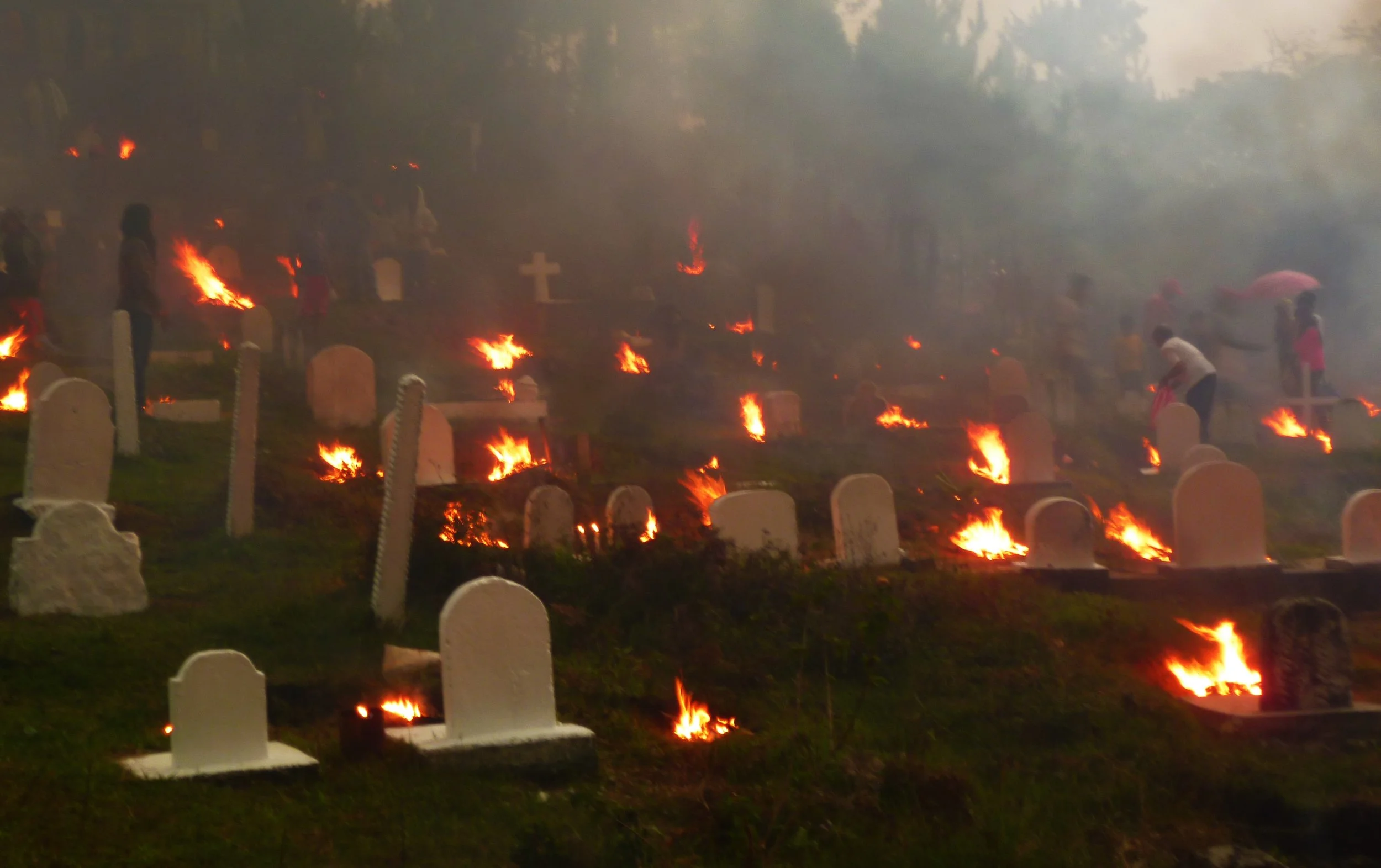 Burning graves at sunset...definitely not scary...