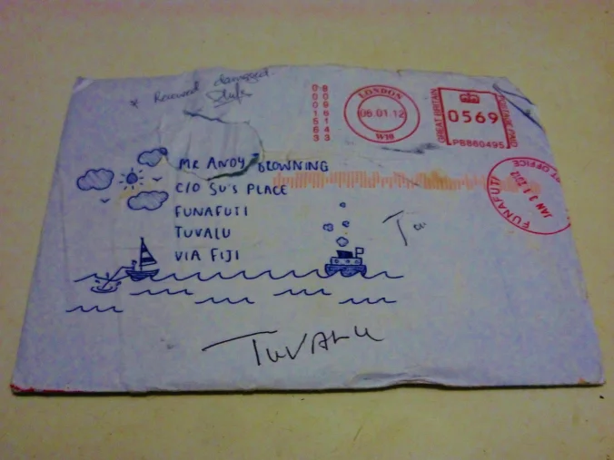 Bruised and battered, our superhero letter makes it to Tuvalu (hooray!)...