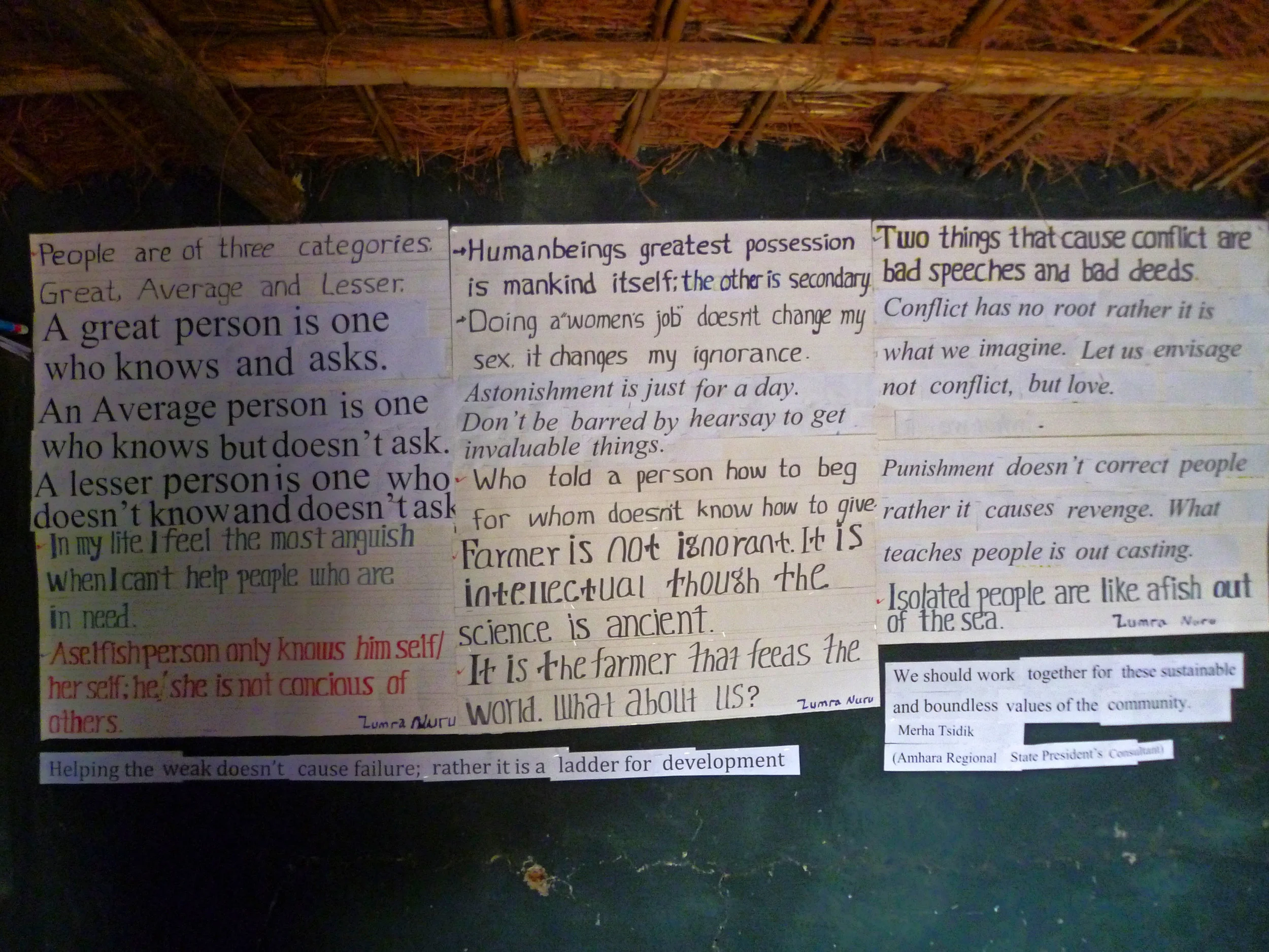 Some of the community beliefs proudly displayed at the community kindergarten...