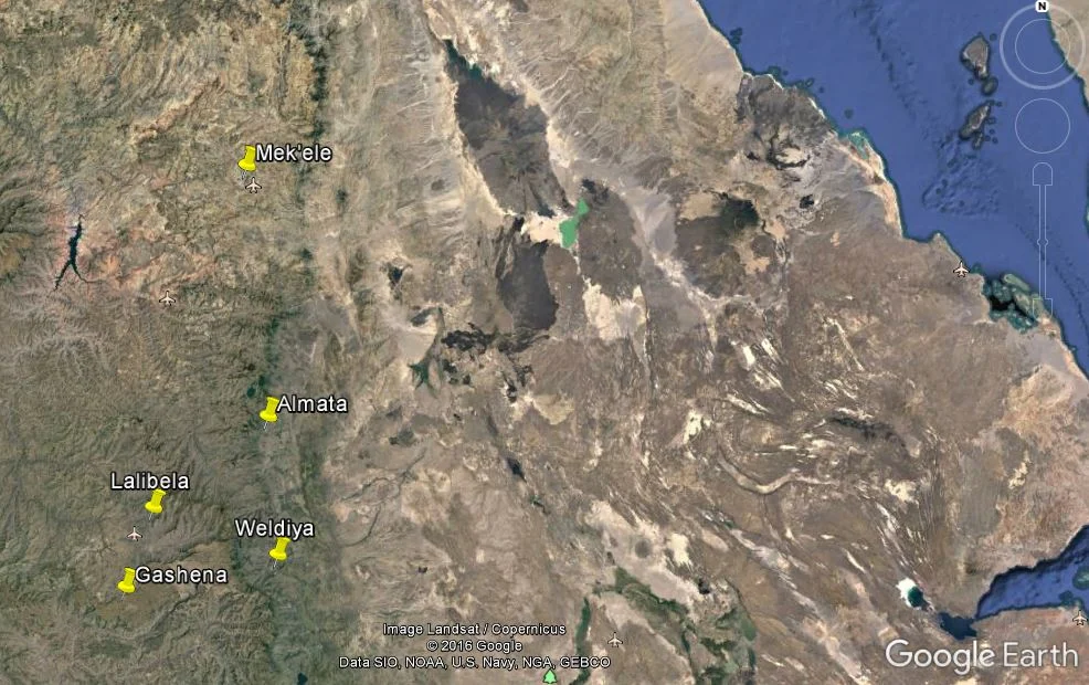 Notice the two little airports showing the 'traditional' way to get from Lalibela to Mek'ele...
