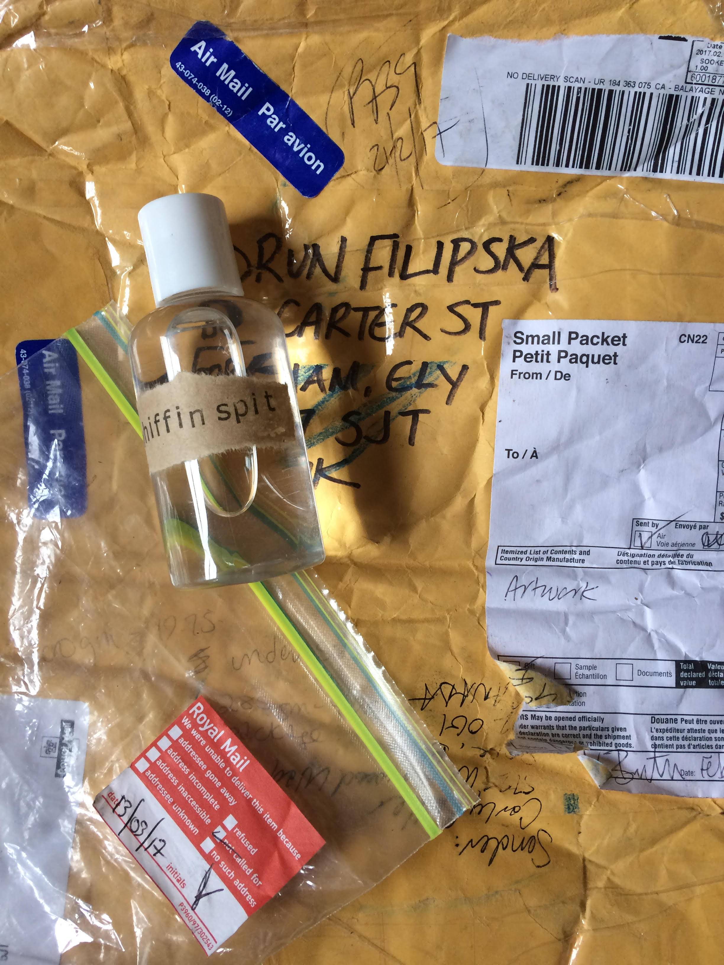 Sea water from Whiffin bay Canada. This vial of sea water travelled across the Atlantic three times before reaching its destination in Fordham after a postal mix up.