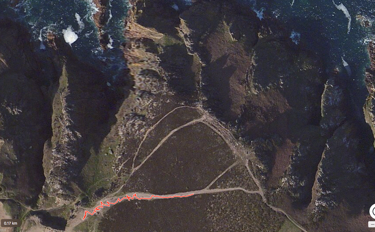 'Horizon' written with a GPS tracker on Groznez cliffs, Jersey.