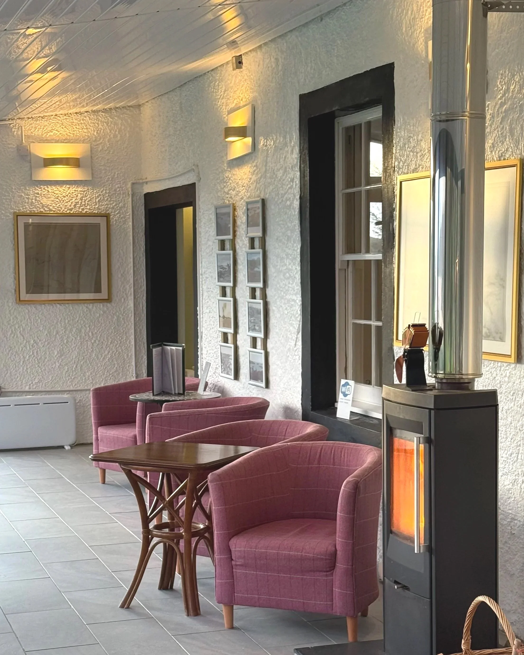 Wood burning stove in south facing sun lounge