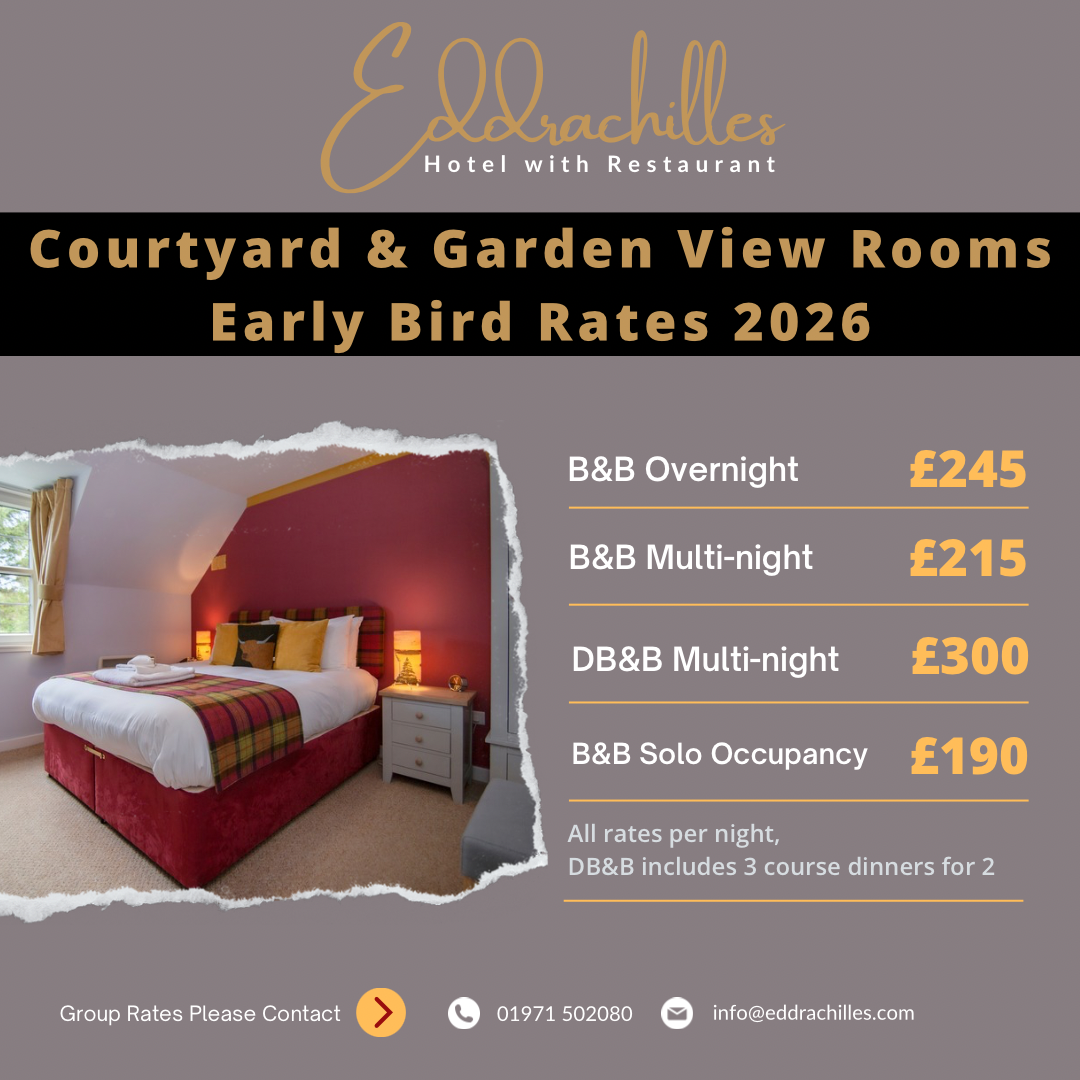 Rstecard on dark grey background, for courtyard and cottage garden view rooms. Early bird meaning could be raised on early 2025.