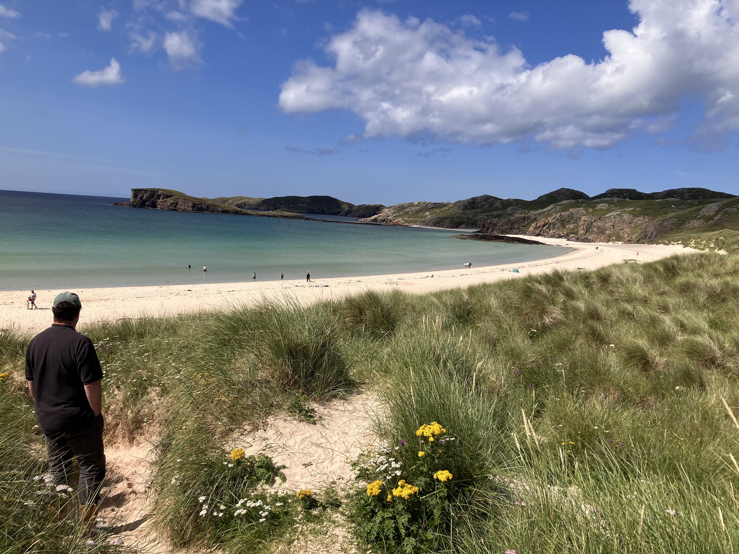 From machsir with wild flowers looking down to Oldshoremore beach with man in foreground and a few people on the sand showing the scale of the beach