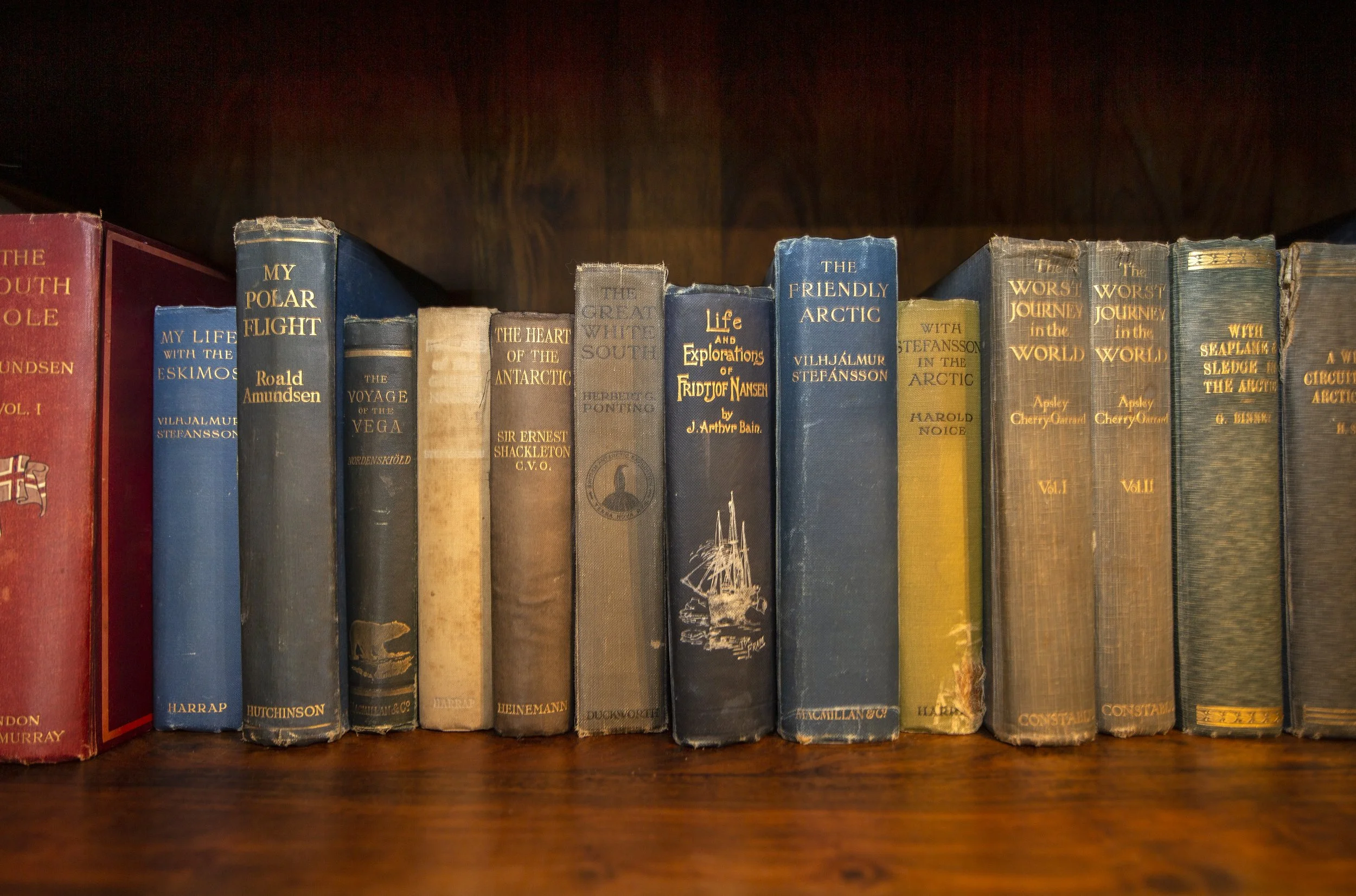 collection of early 20th century books on Polar exploration  in the Colonel’s Lounge