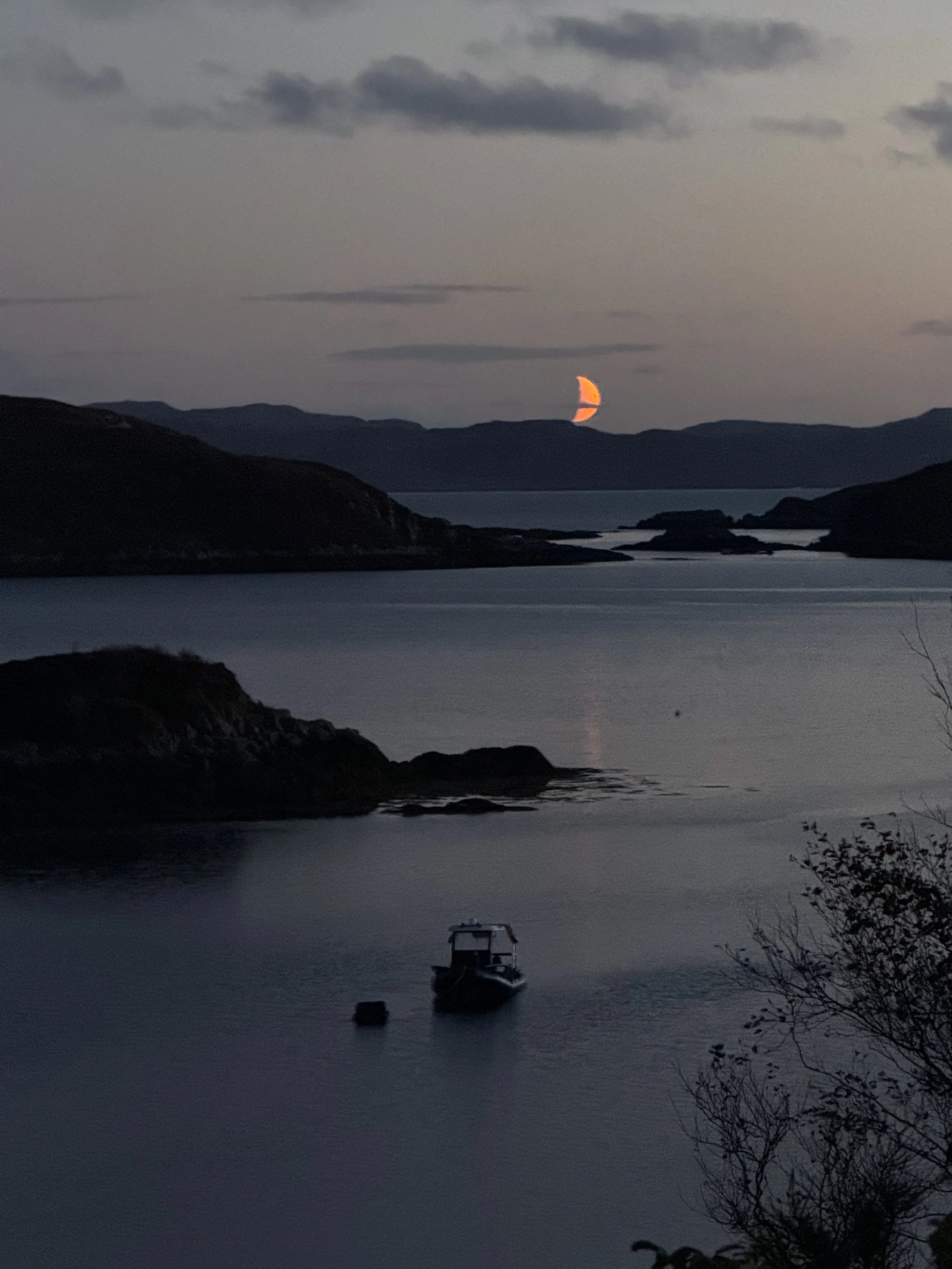 moon setting September 4 2025 over Badcall Bay.  From the hotel.