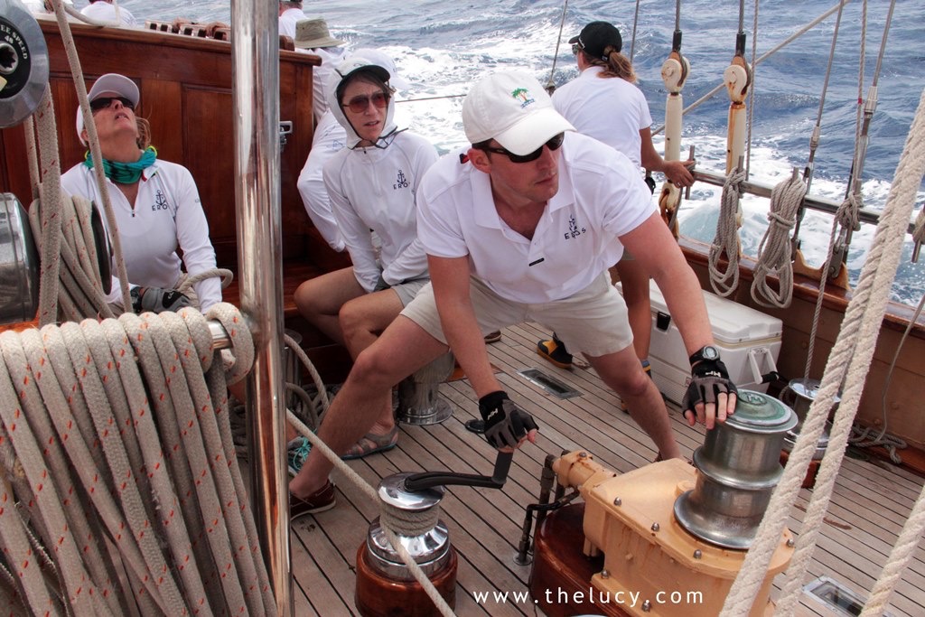 crew sailing on classic yacht Eros