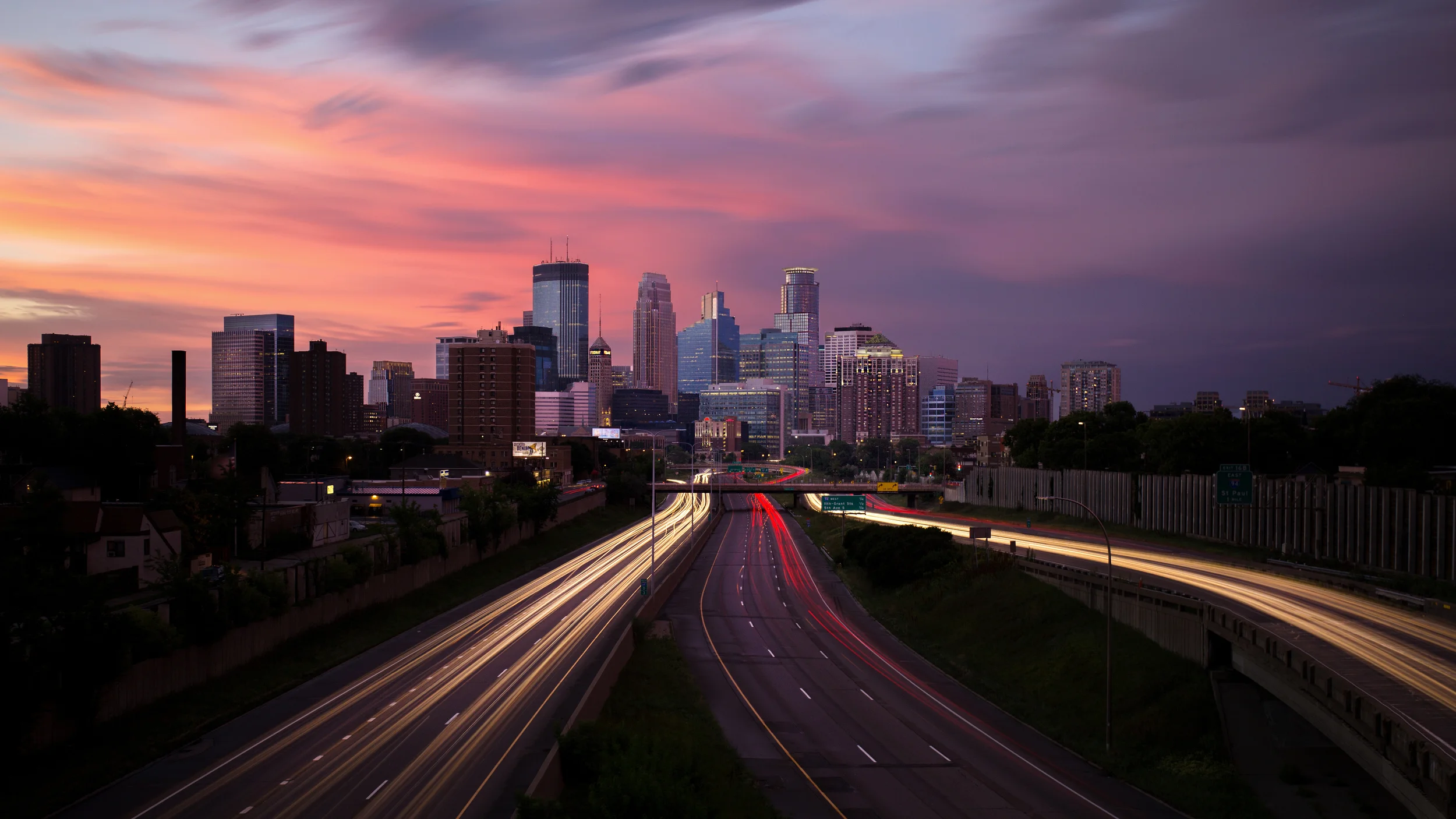 Photo taken of the Minneapolis Skyline from the long exposure above