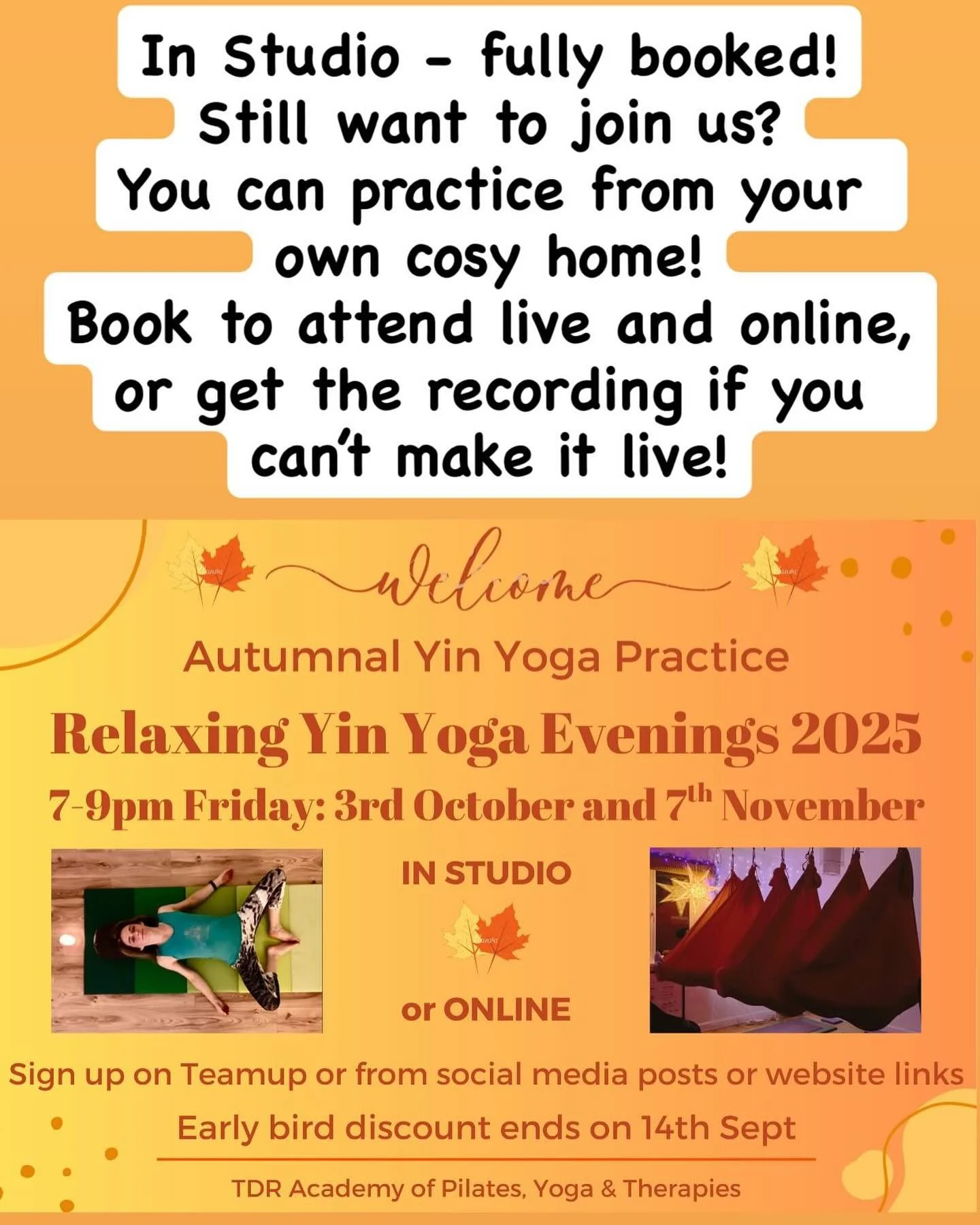 Join us online - book via the website events page or in your teamup account directly.