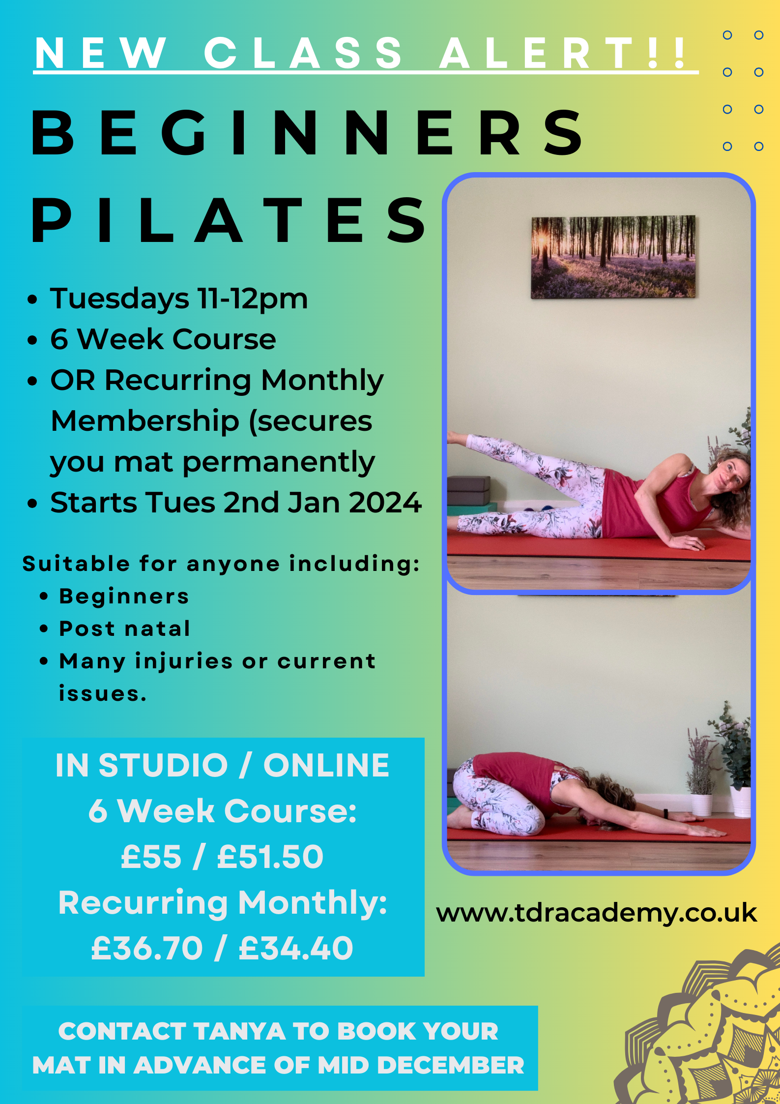 Beginners Pilates and Yoga Classes and More! — Latest News and Updates  about Services at TDR — TDR Academy of Movement and Therapy
