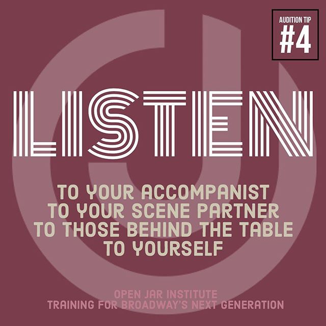 Our next audition tip helps us not only in the audition room but also in life. We need more people who focus on listening and not just talking (or singing). You&rsquo;ll be more powerful and convincing if you truly LISTEN! #openjarinstitute #audition