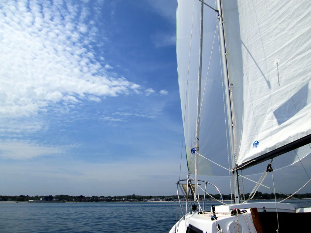 The light winds prompted me to set my asymmetrical spinnaker to shake out the wrinkles and move along smartly.