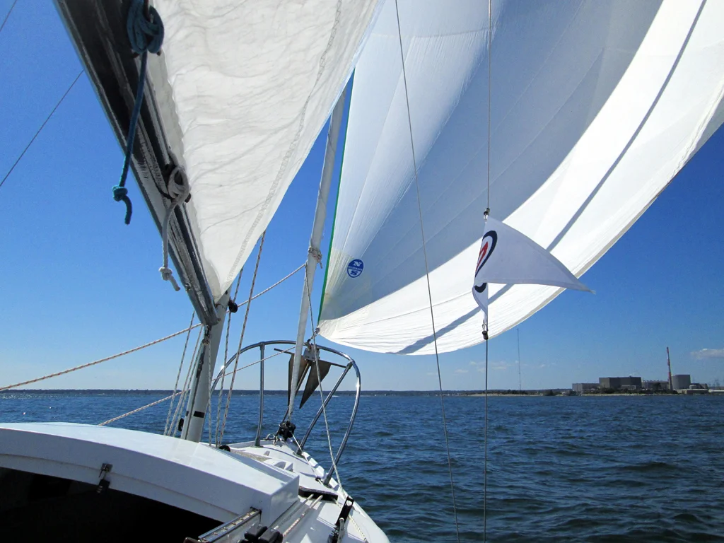 I took advantage of the conditions and flew the asymmetrical spinnaker on the way home. It sure is a lot of fun to play with!