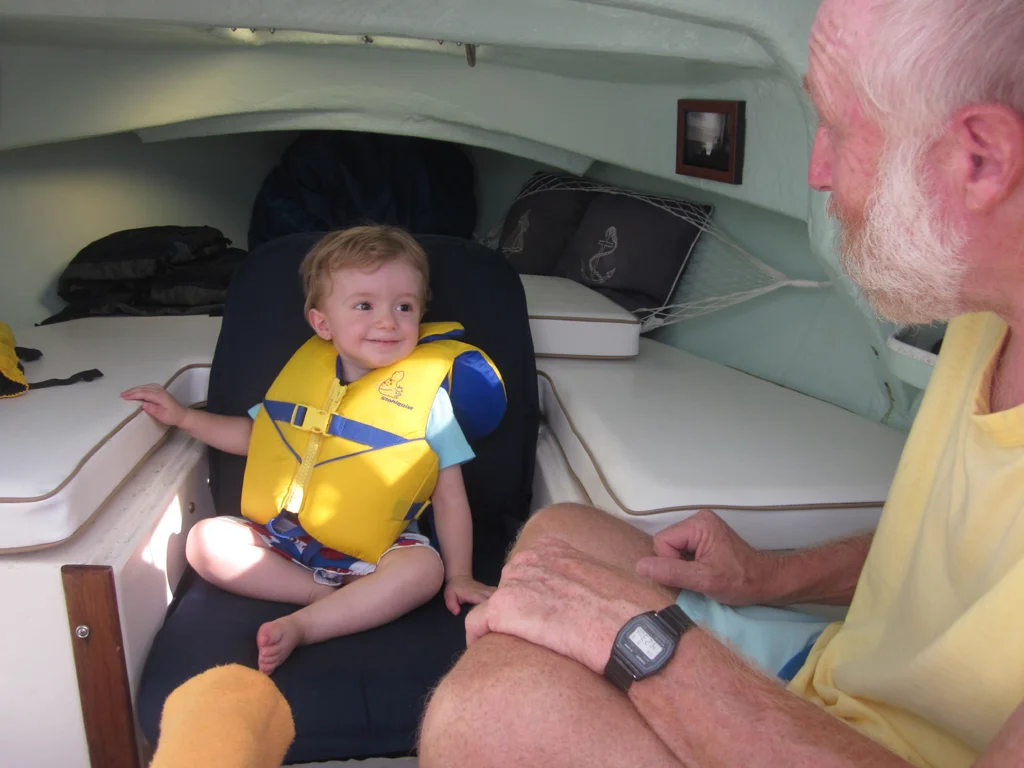 September 6th: My two-year-old son went on the boat for the first time! We motored around a little, and he liked sitting in the cabin with his grandpa.