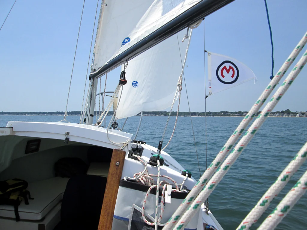 July 1st: Revisited the area by the Niantic Bay Yacht Club in light winds. Nice to have the Mariner burgee flying on the starboard upper shroud.