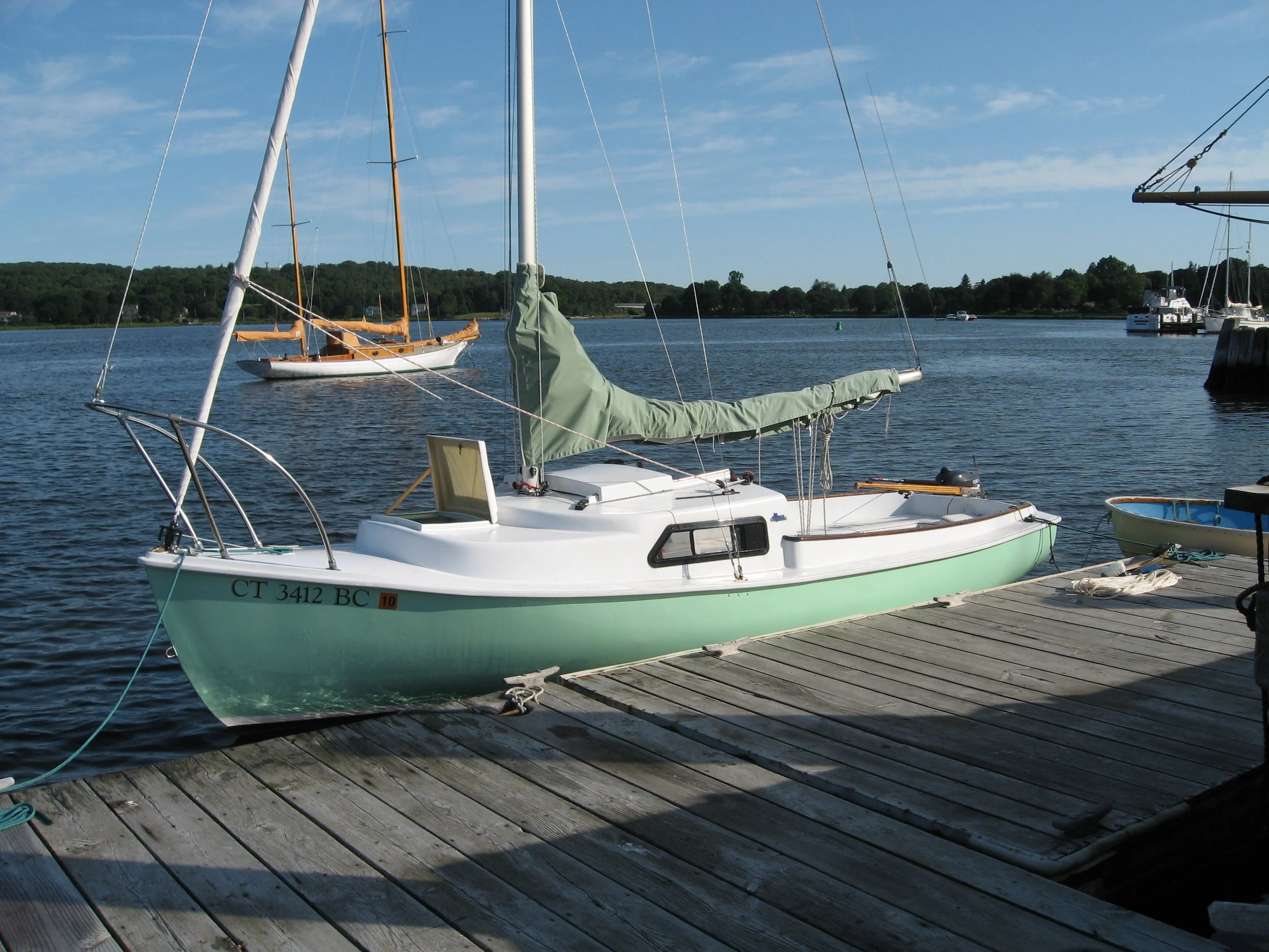 We left Saturday morning after briefly tying up to a floating dock to use the restrooms. The L. Francis Herreshoff ketch ARAMINTA is in the background.