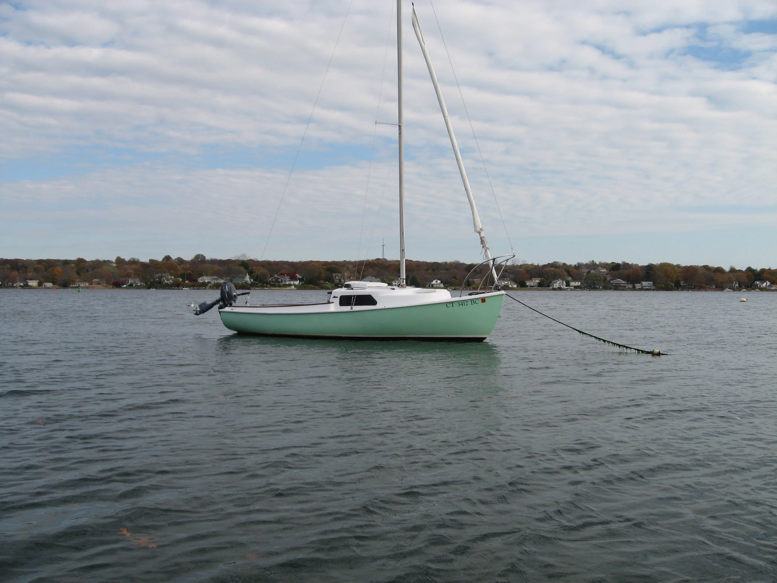 Back on her mooring after removing cushions, mainsail, rudder, boom, and all interior items. She'll be hauled out this coming Sunday, November 8th.