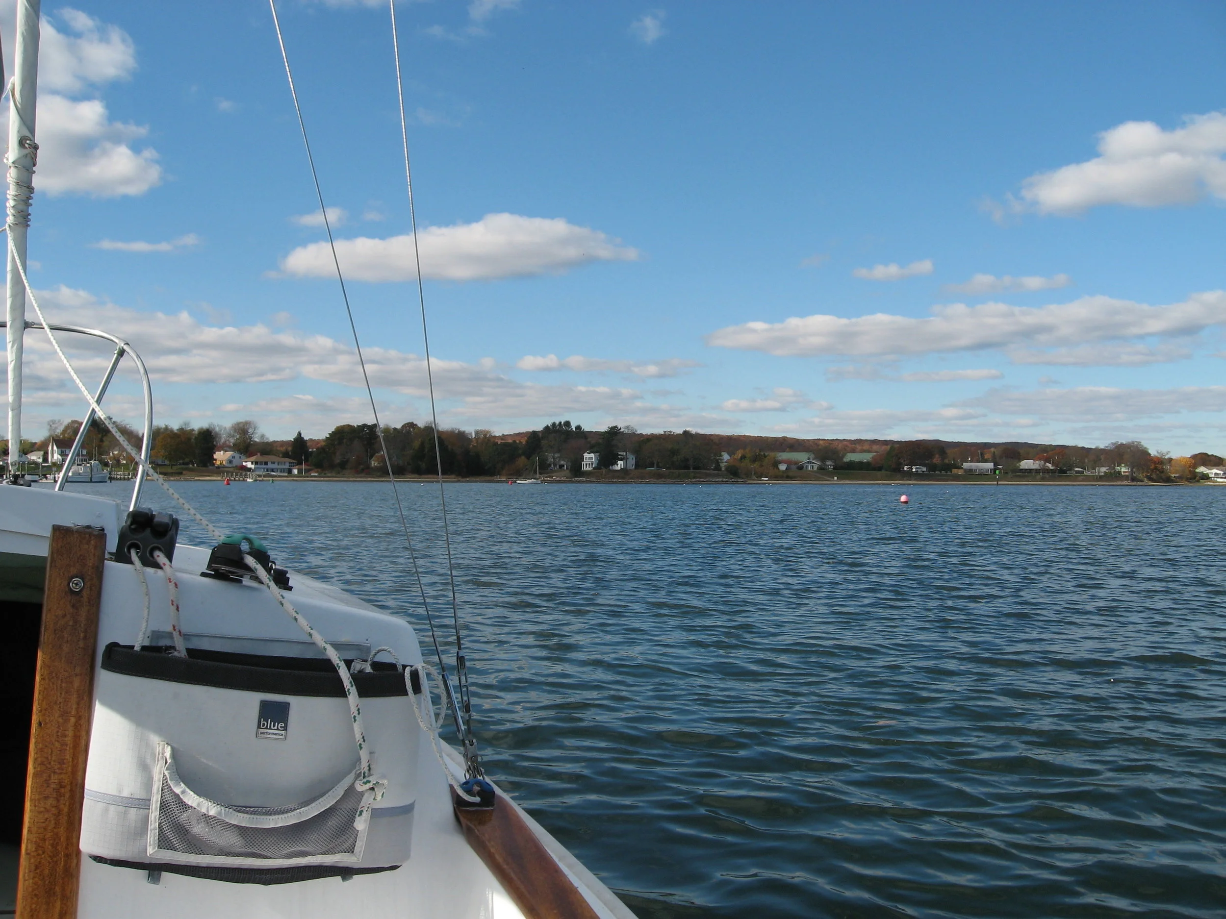After a two-hour sail, I decided to pack it in. Here I am motoring up the Niantic River channel.