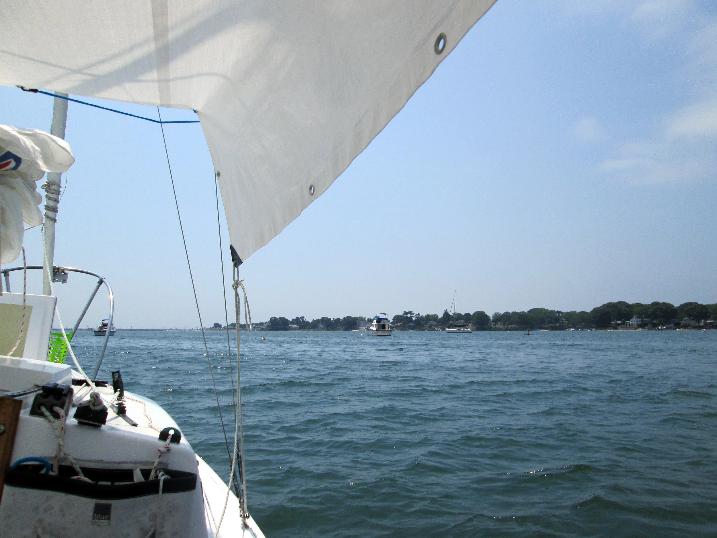  July 17th: I went sailing in the Niantic River, anchoring upriver in the mooring field to clean the boat and relax a little under the awning. 