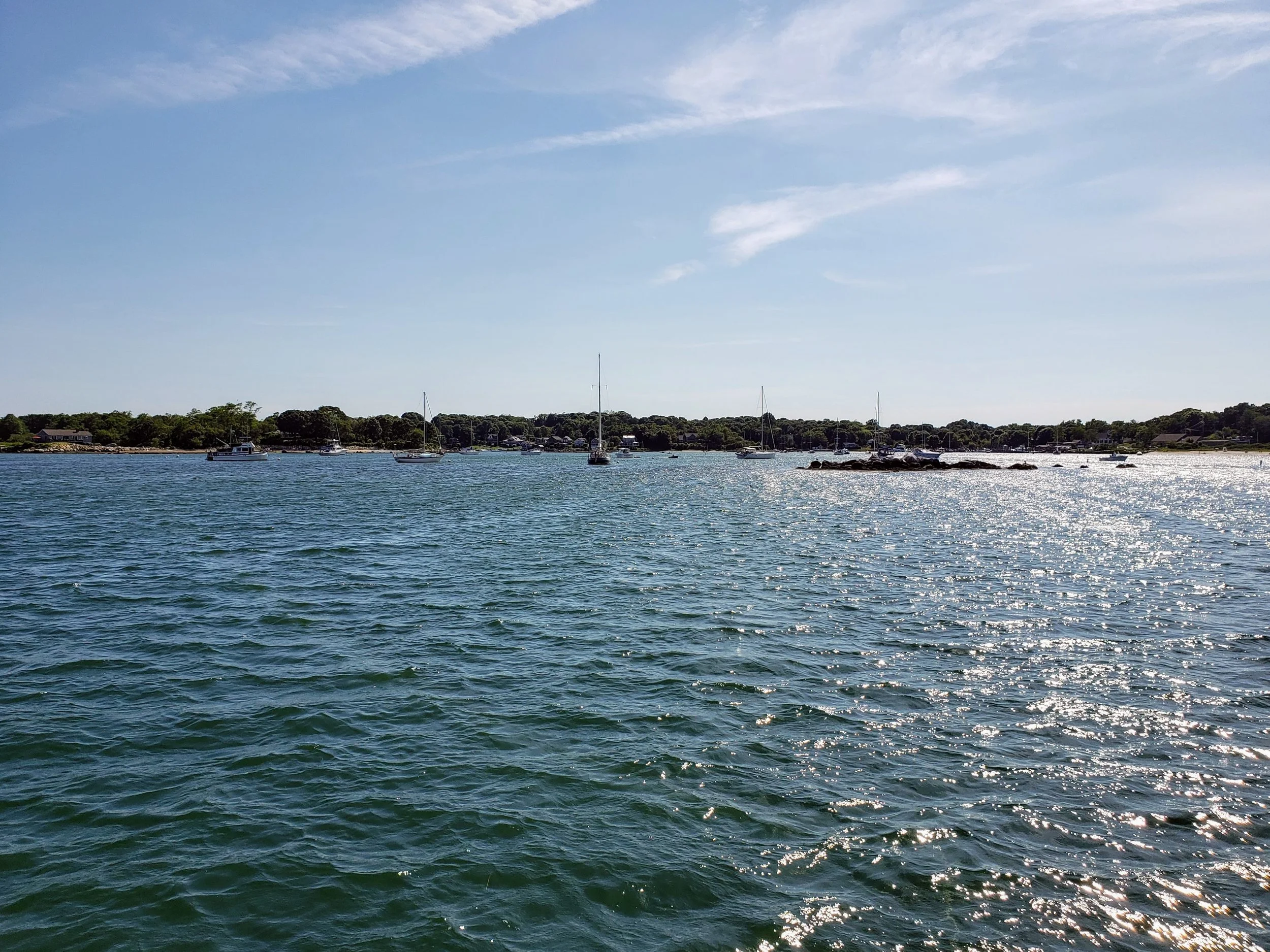 The transient moorings in West Harbor were all taken, so we went further out and anchored in the designated anchorage. It was a long row against the wind and current to the Fisher’s Island Yacht Club!