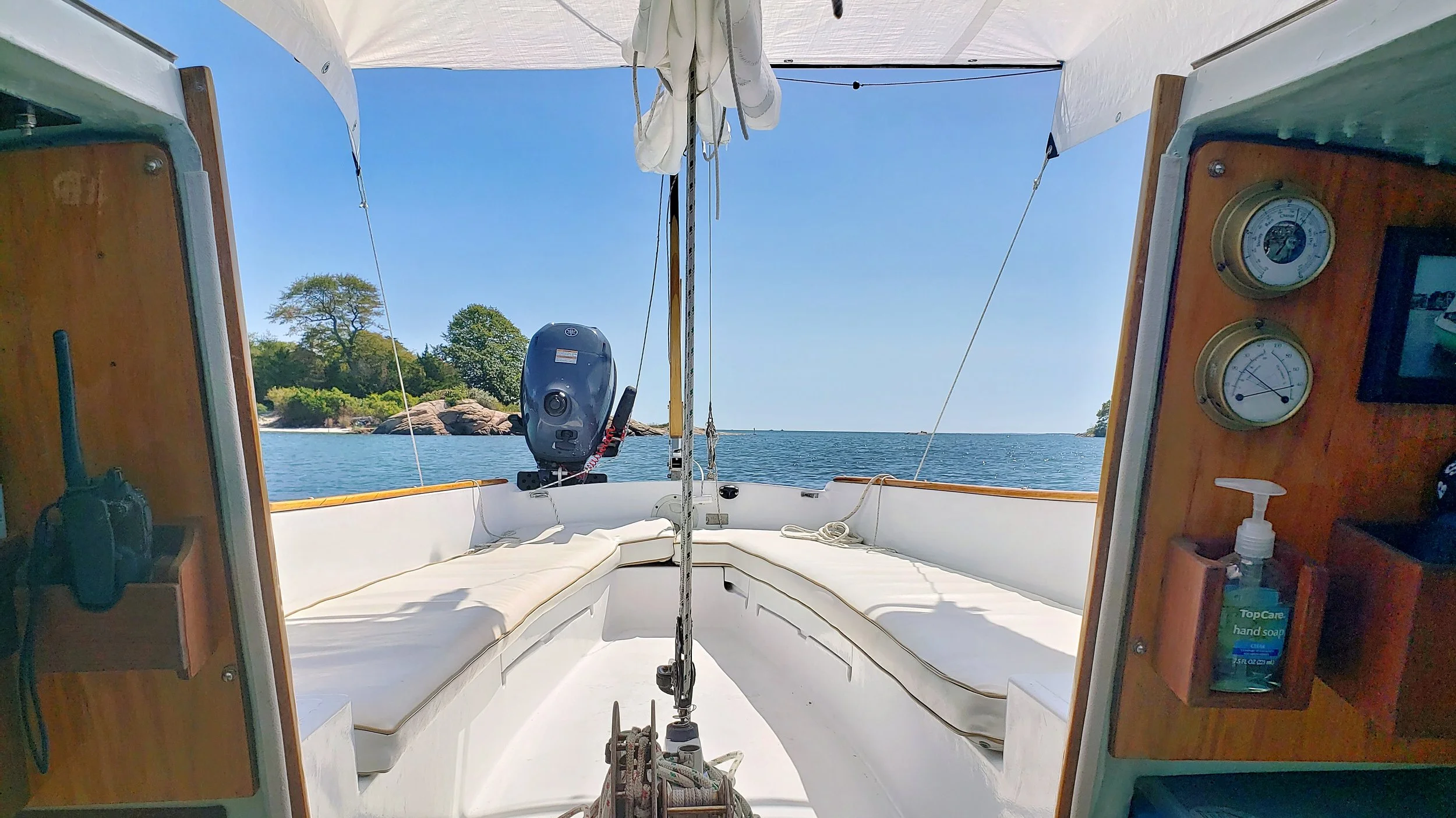 Once at anchor north of Griswold Island, I put the awning up and settled back in the cabin for a few minutes. Not a bad view out of the companionway.