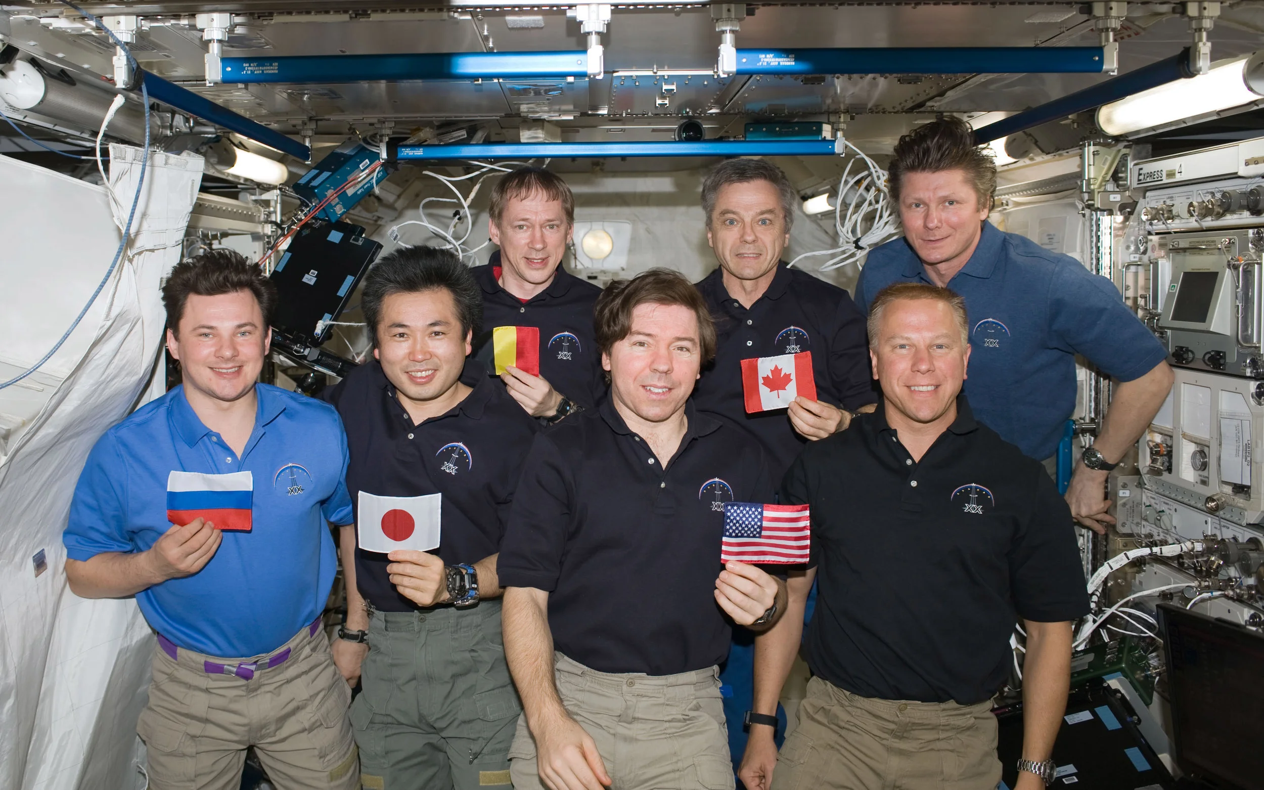 During Expedition 20, all five ISS partner agencies were represented together on board the Station for the first time. Pictured here, from left to right, is Russian Federal Space Agency Cosmonaut Roman Romanenko ; Japanese astronaut Koichi Wakata ; European astronaut Frank De Winne; NASA astronaut Michael Barratt; Canadian Space Agency ( CSA ) Astronaut Bob Thirsk; NASA astronaut Tim Kopra, and cosmonaut Gennady Padalka. Photo: NASA