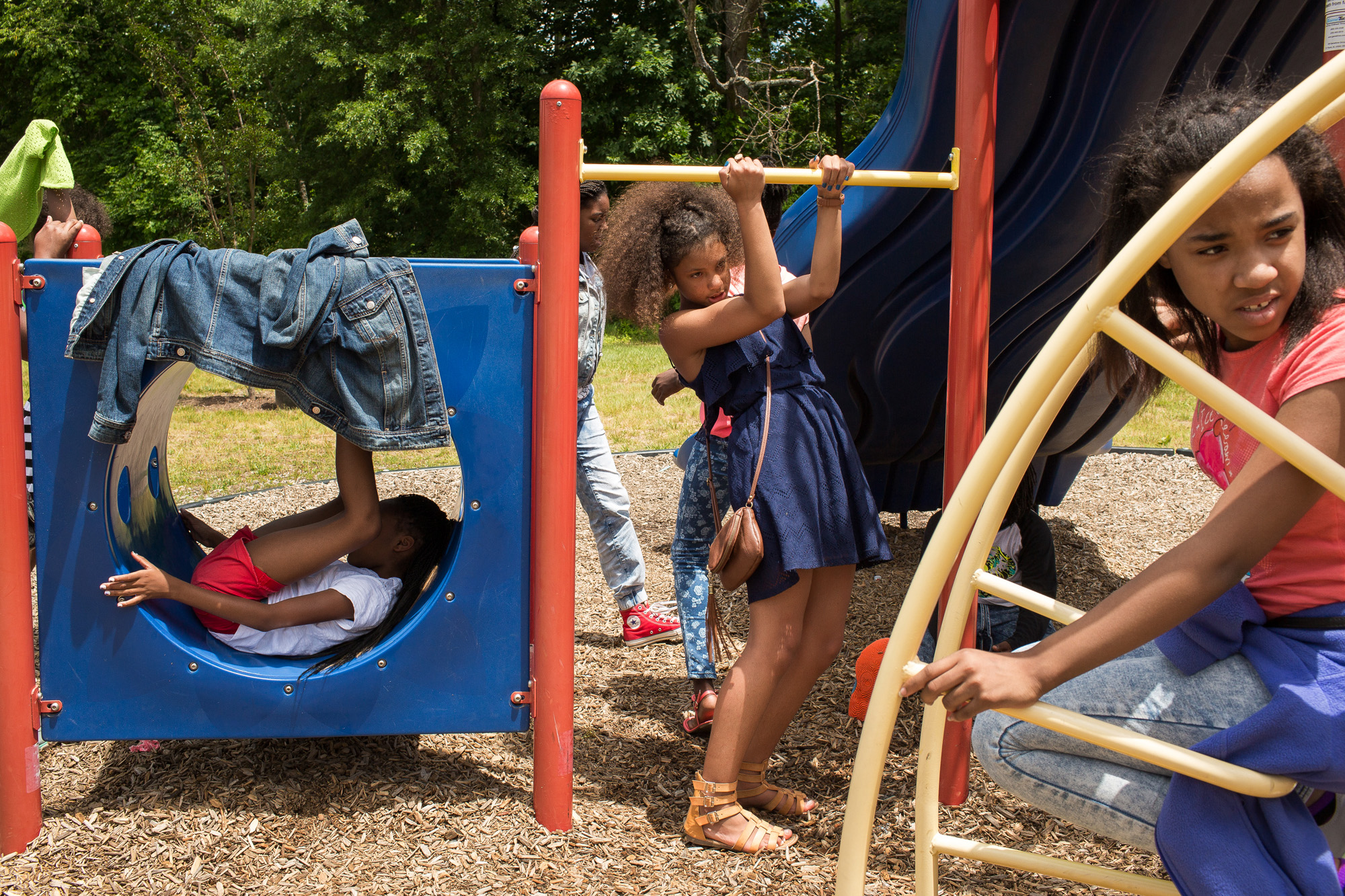  Fifth graders Karay Brevard, 11, (CENTER) and Laryah Goldsberry, 10, (FAR RIGHT) play on the playground Parkview Expressive Arts Magnet School in High Point, N.C.&nbsp; 