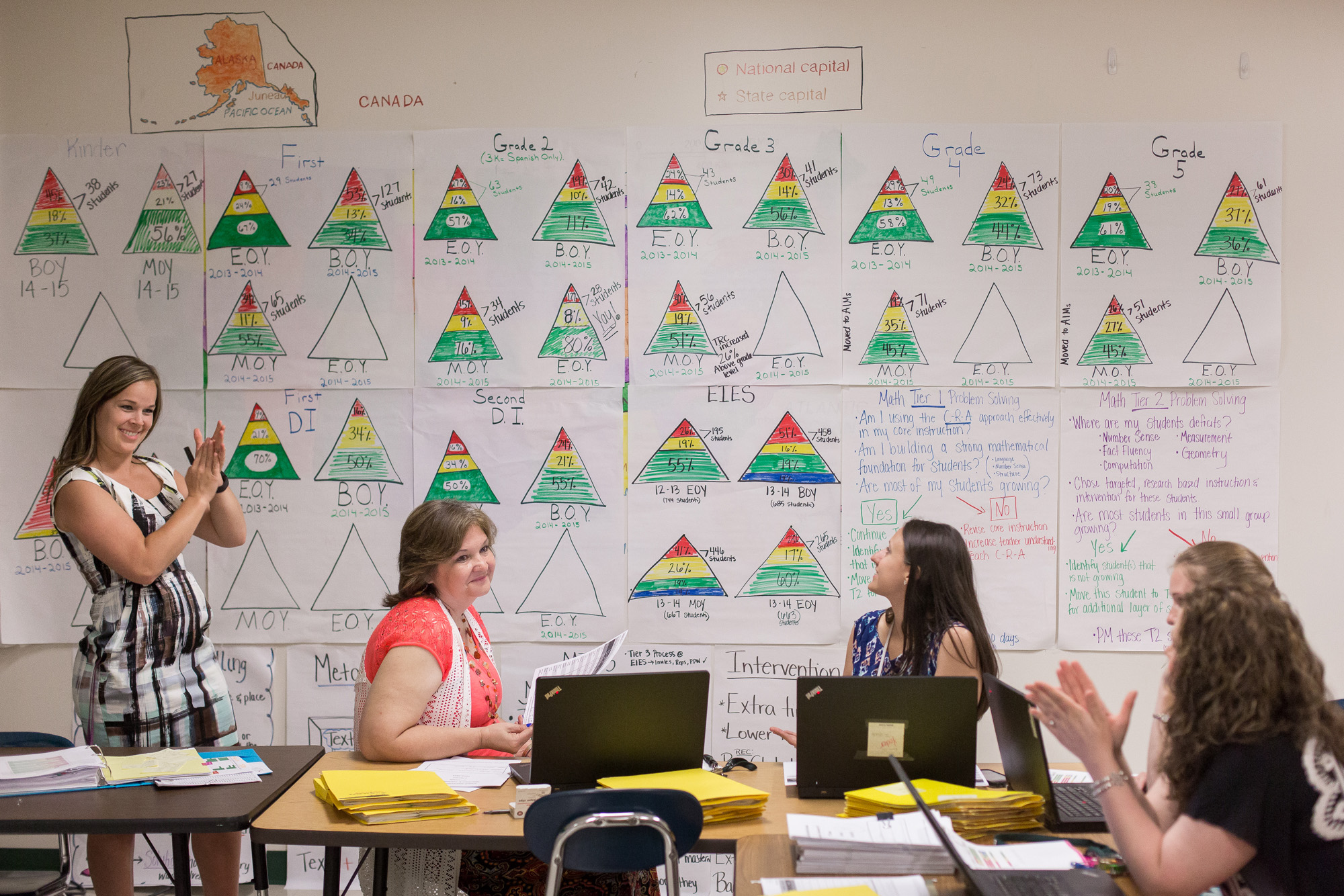  Janna Sells, left, an instructional facilitator at East Iredell Elementary School in Statesville, N.C., celebrates with 2nd grade teachers after discussing data that show that most of 2nd grade students are performing at or above their grade level d