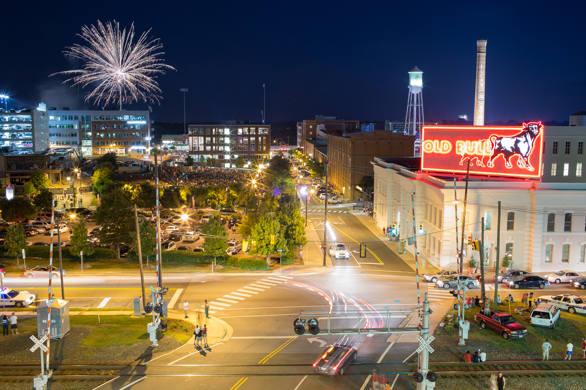  Fireworks burst over the Durham Bulls Athletic Park in revitalized downtown Durham, N.C. on Independence Day, July 4, 2014. 