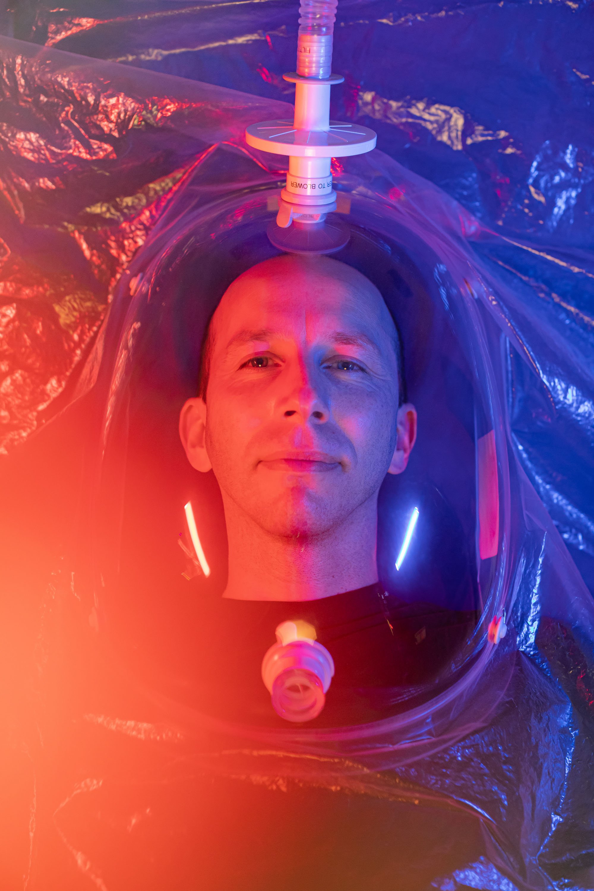  The Calorie Counter for Science Magazine: Portrait of Herman Pontzer, Associate Professor of Evolutionary Anthropology in his bubble helmet used for studying human metabolic rates at Duke University. 