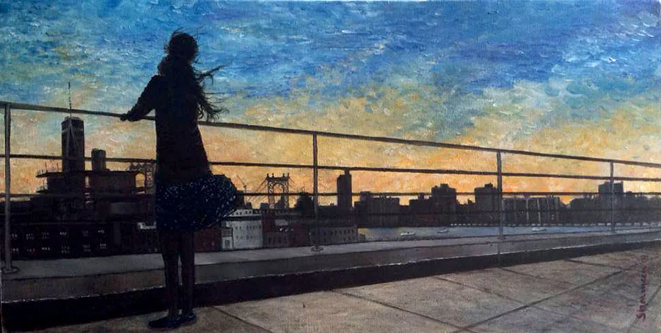 FREEDOM. Oil on Canvas. 23.5"x12". 2014. 4th of July. Brooklyn rooftop. Despite a fear of heights, Lyla anxiously awaits the sunset so the fireworks can begin.