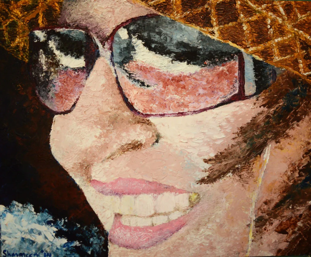ARTIST'S MOTHER. Oil on Paper. 12"x15". 2014.&nbsp;Sumbul on one of her many vacations, enjoying the beach. &nbsp;This piece was done using a palette knife resulting in all the texture that is seen.